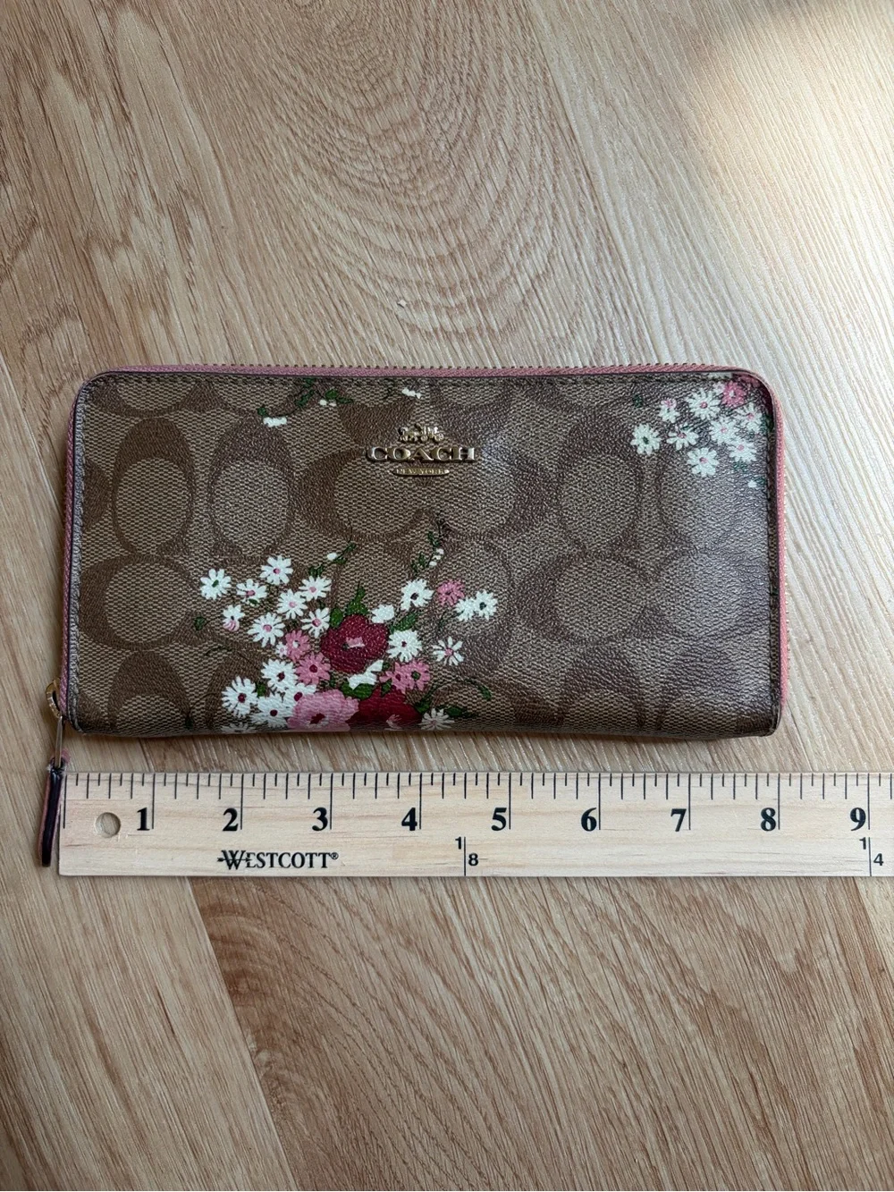 Coach Long Zip Wallet Signature Logo Canvas Pink Floral Print $199